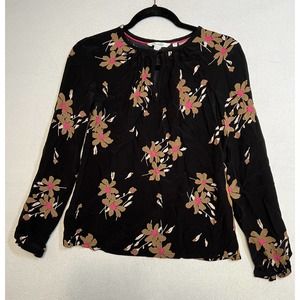 BODEN Women Top Size 4 Black Brown Pink Floral Keyhole Blouse Long Sleeve